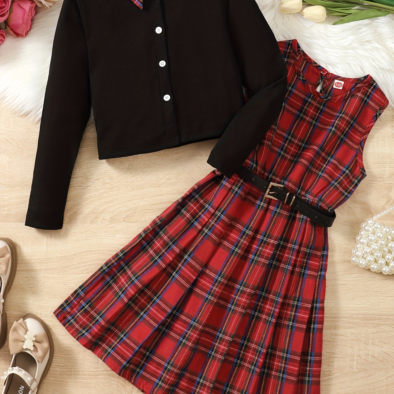 Girls Tween Dress Set with Plaid Pleated Dress and Cardigan for Spring Fall