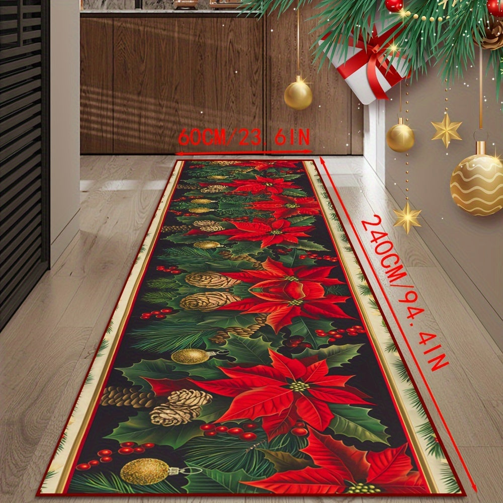 Plush Velvet Area Rug with Christmas Leaf Pattern Non-Slip Stain-Resistant 6mm Thick