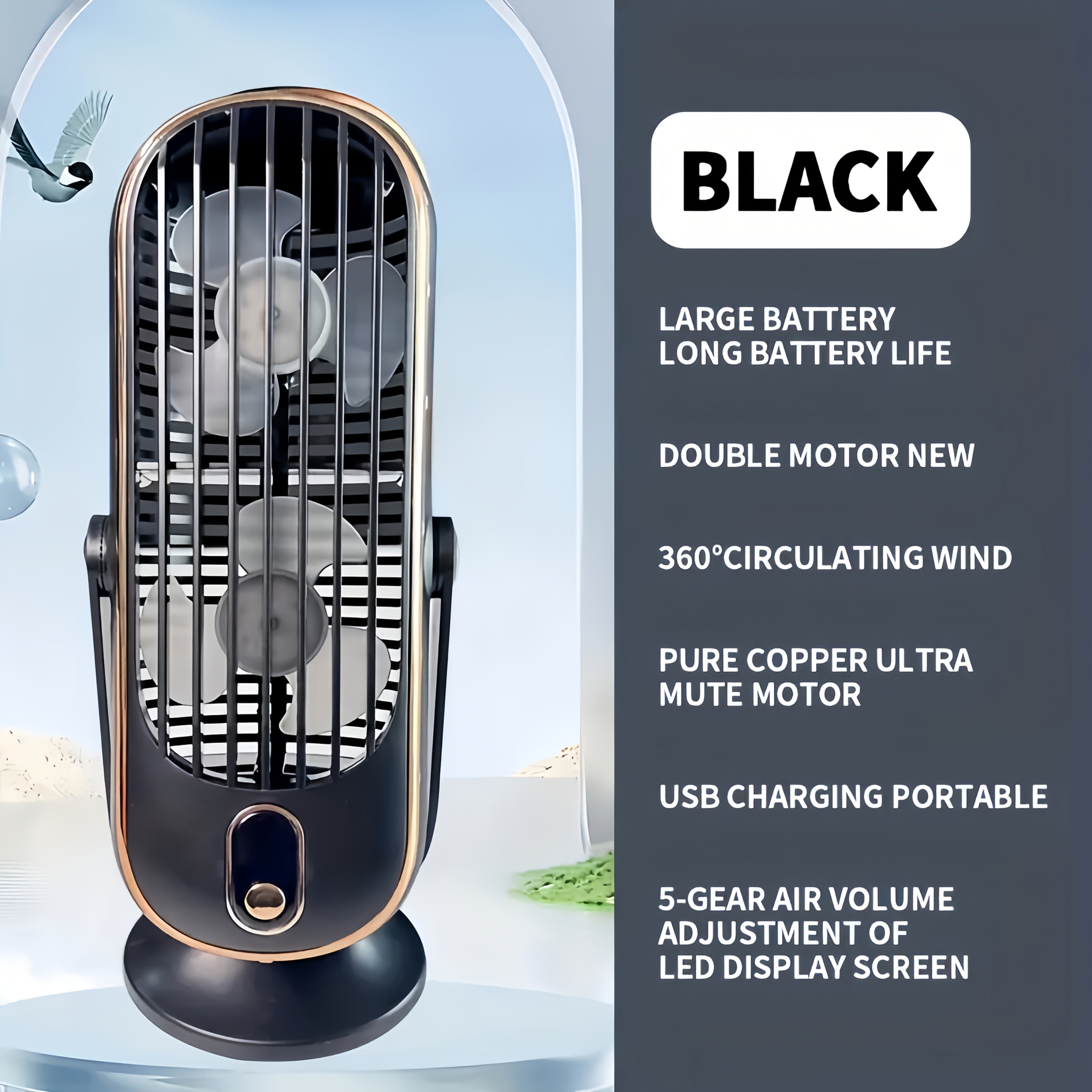 Portable USB Desktop Fan with Dual Blades, 5 Speeds, 360° Rotation, Rechargeable Battery