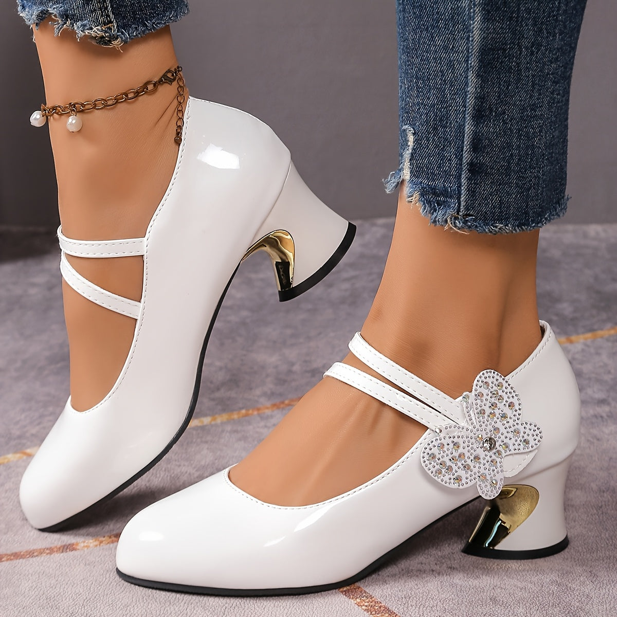 Women Black High Heel Pumps Sparkling Bow Durable Polyurethane