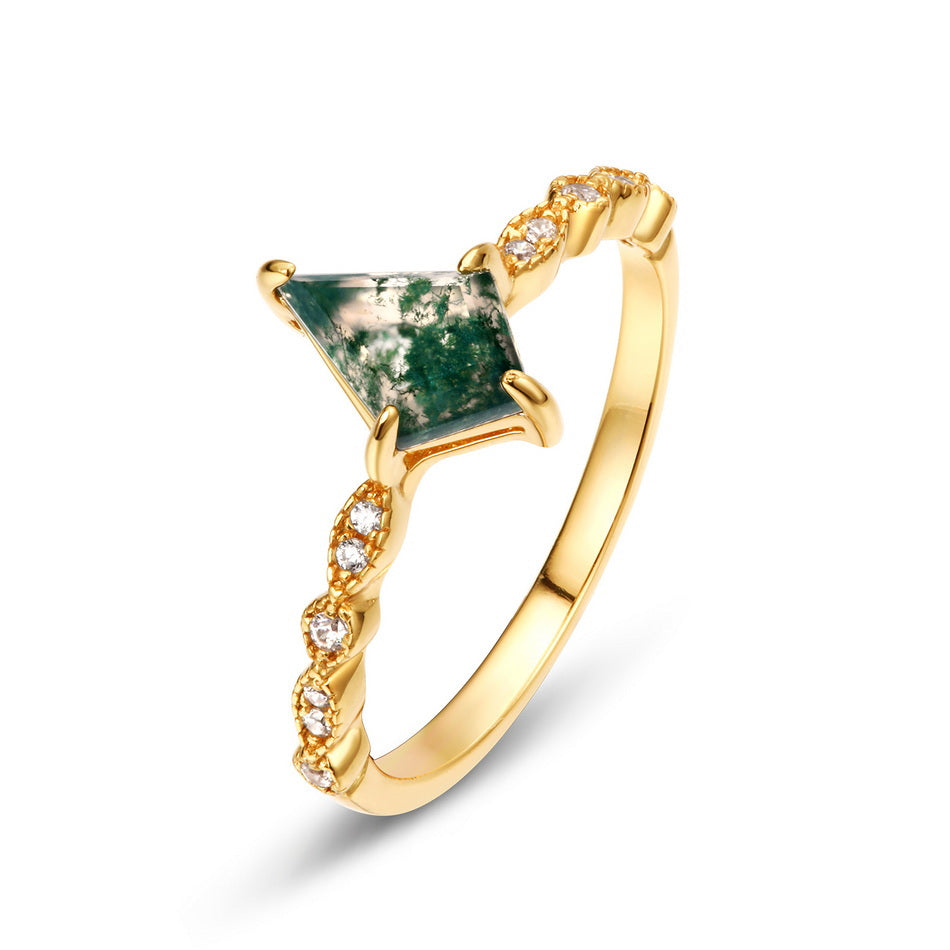 Silver Ring for Women with Green Moss Agate 6x9mm Water Grass Stone Gold-Plated Jewelry