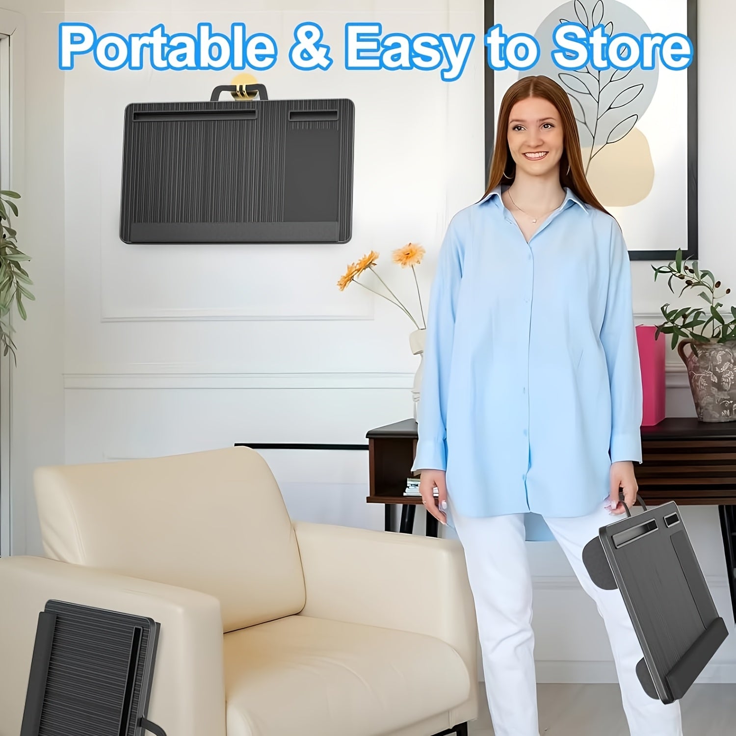 Большой портативный столик для ноутбука для взрослых с подставкой для запястья, ковриком для мыши, отсеком для телефона и ручкой, черный