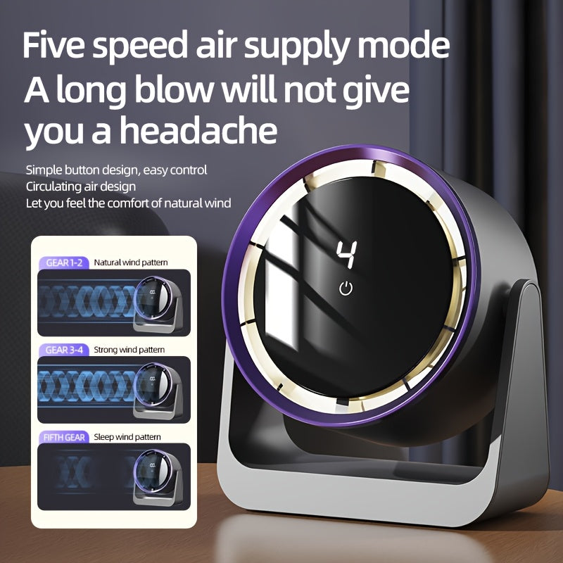 Portable LED fan with touch screen control 5-speed adjustable digital display USB rechargeable compact design indoor outdoor use