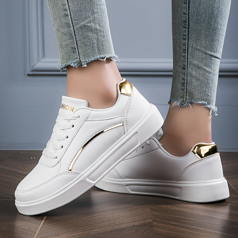 Women's White Sneakers with Gold Accents Low-Top Comfortable Casual Walking Shoes