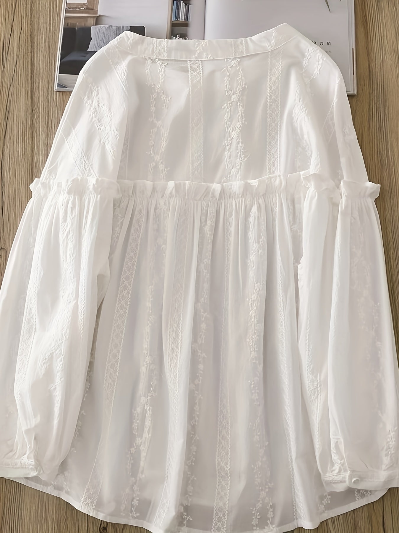 Women's White Lace-Trim Long Sleeve Blouse with Ruffled Collar and Semi-Sheer Design