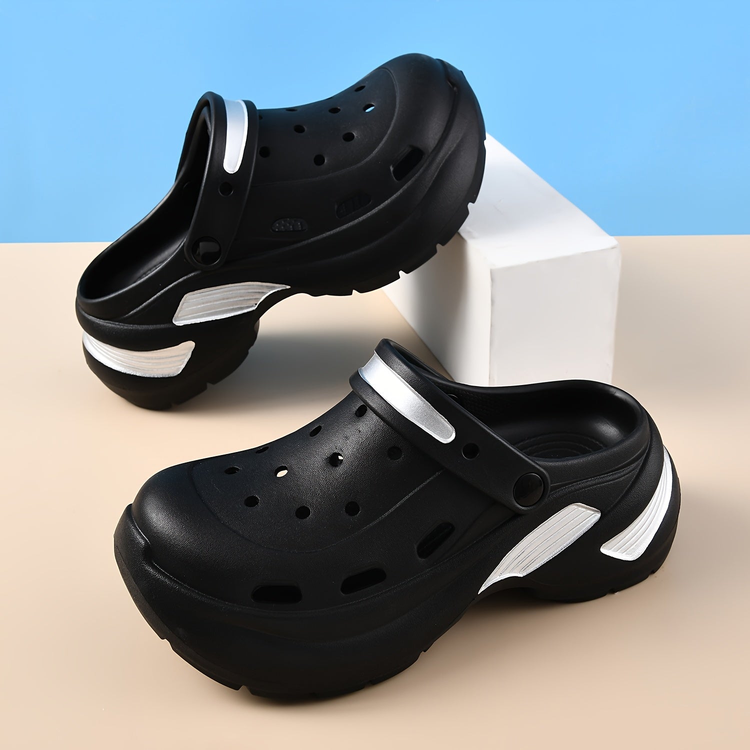 Women’s EVA Clogs Non-Slip Summer Casual Sandals White Blue Accents