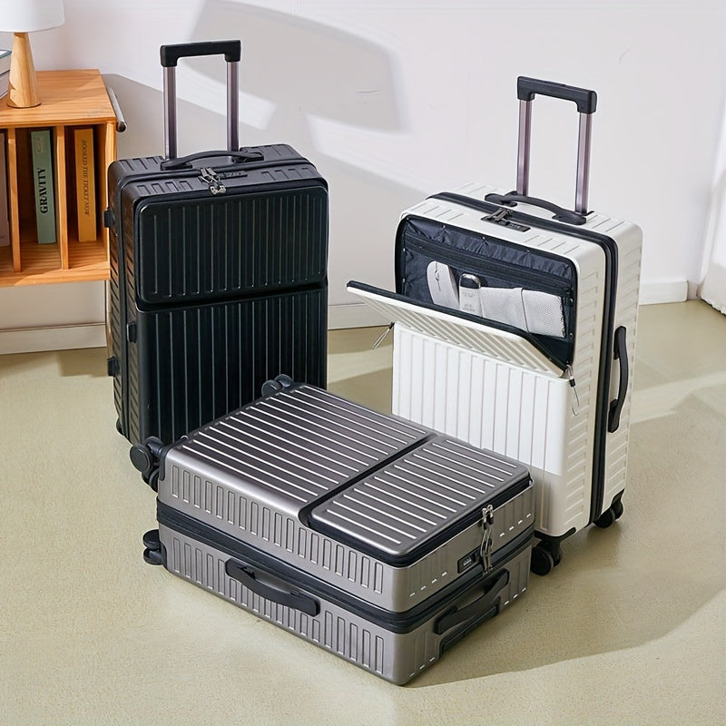 White 20 Inch Spinner Trolley Suitcase with Zippered Front Pocket and Telescopic Handle