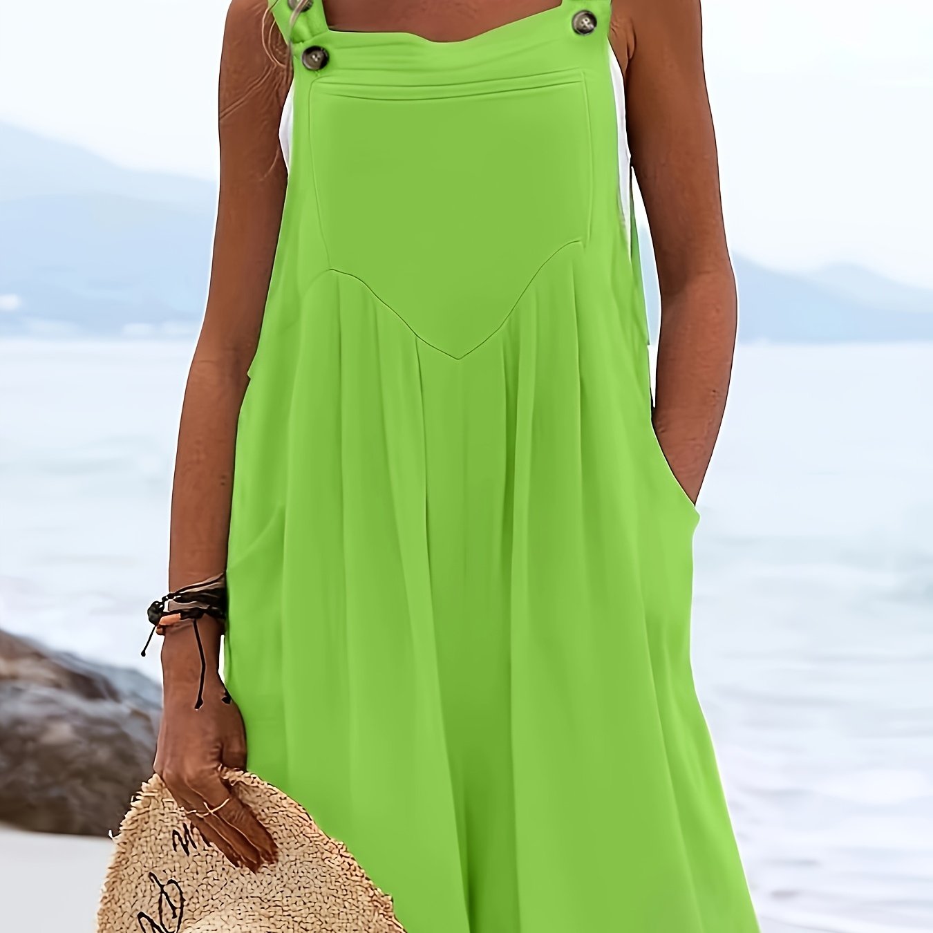 Women's Sleeveless Green Jumpsuit with Button Detail for Casual and Formal Wear