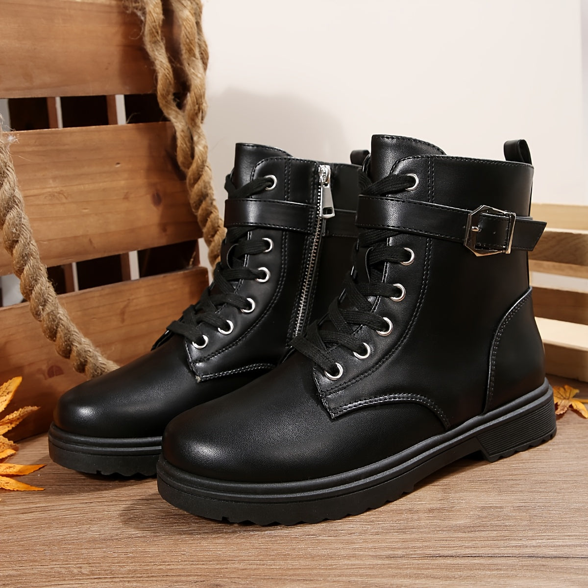 Women's Black PU Ankle Boots with Zipper Lace-Up Flat Sole All-Season