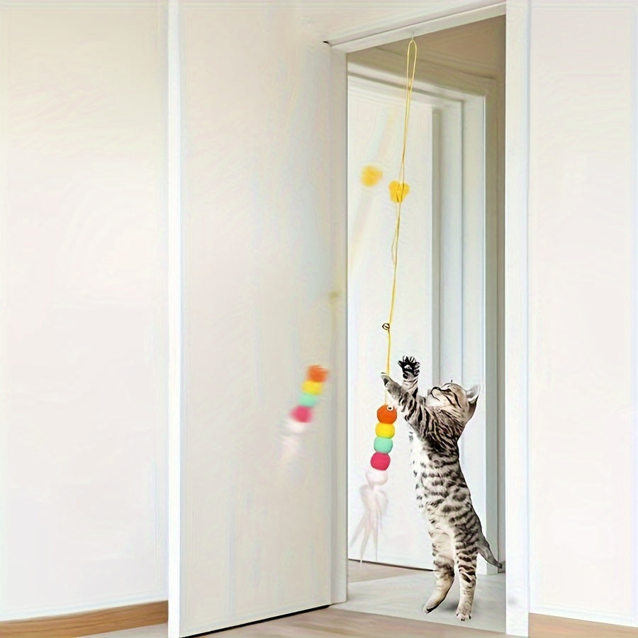 Elastic Cat Toy with Artificial Feather Bell Teasing Stick Door Hanging Swing