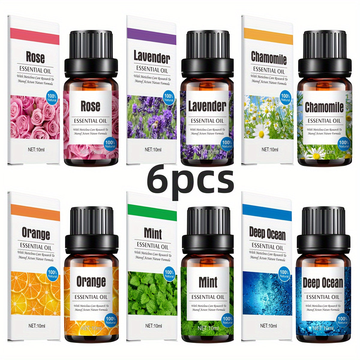 Asosiy yog'lar to'plami lavanda, limon, mentol, romashka, chuqur dengiz va atirgulni o'z ichiga oladi - difuzorlar va namlagichlar uchun ideal.