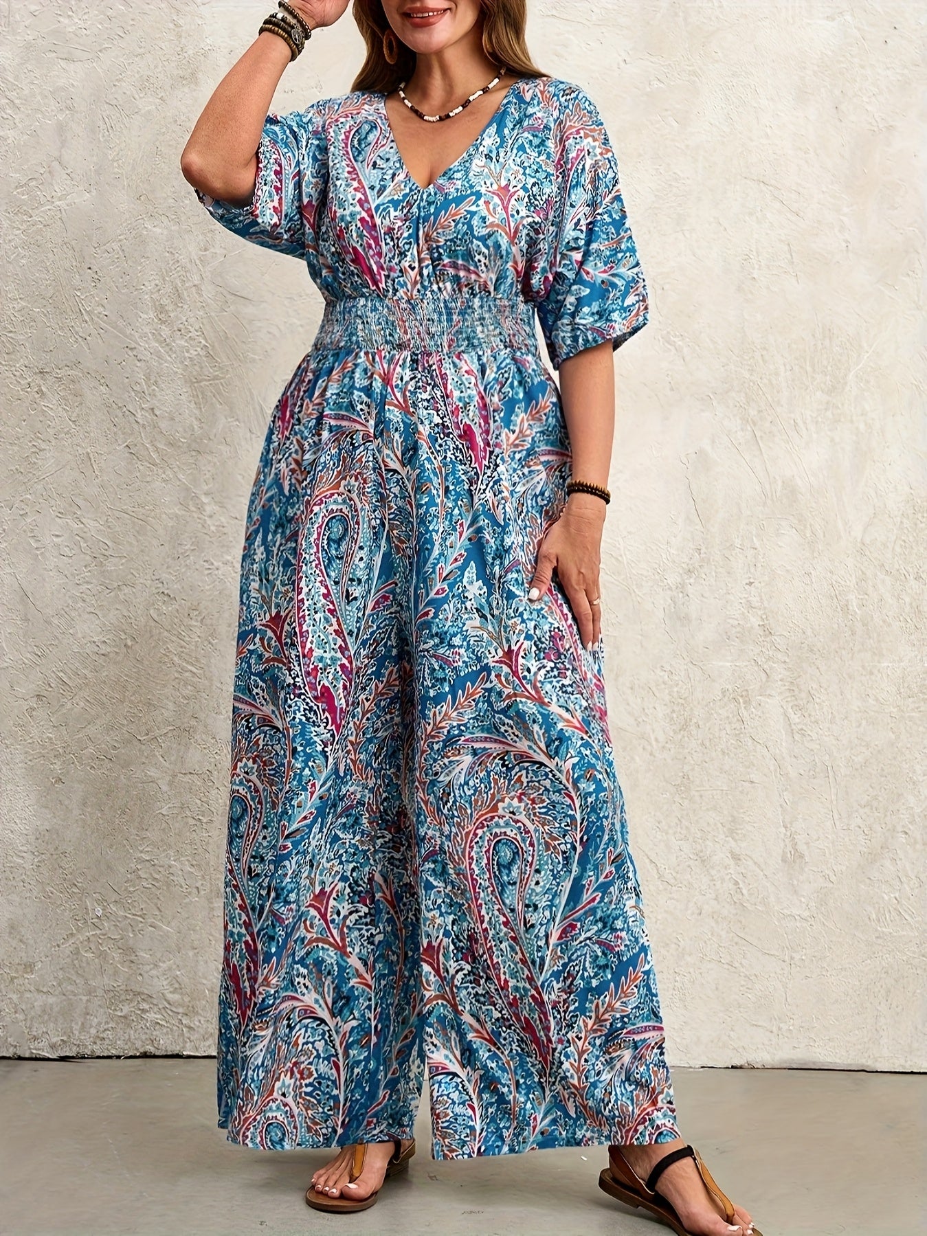 Plus Size Women's Bohemian Print Waist-Cinched Jumpsuit