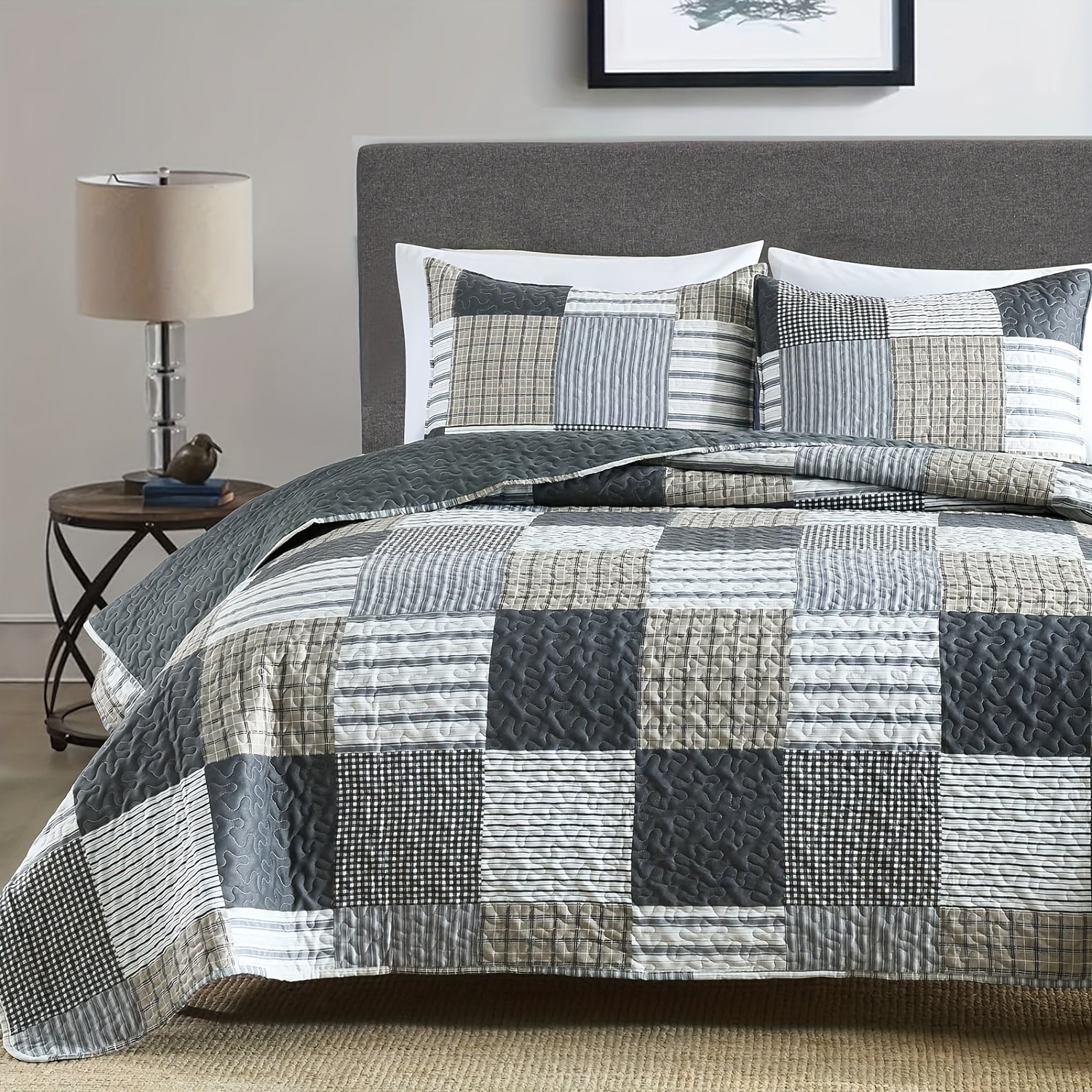 Floral Print 3-Piece Bedspread Set Reversible Polyester Double Bedspread with 2 Pillowcases