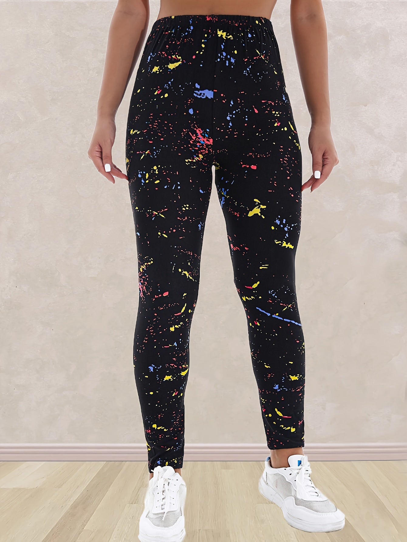 Women's Plus Size Cropped Leggings Black Ink Print High Waist Stretchy Sportswear