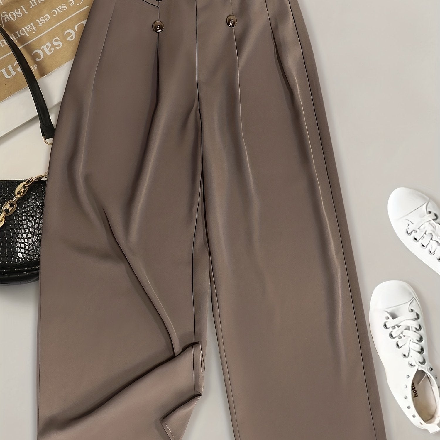 Women's Plus Size Wide Leg Pants Solid Button Detail Elastic Waist Fall Winter Polyester