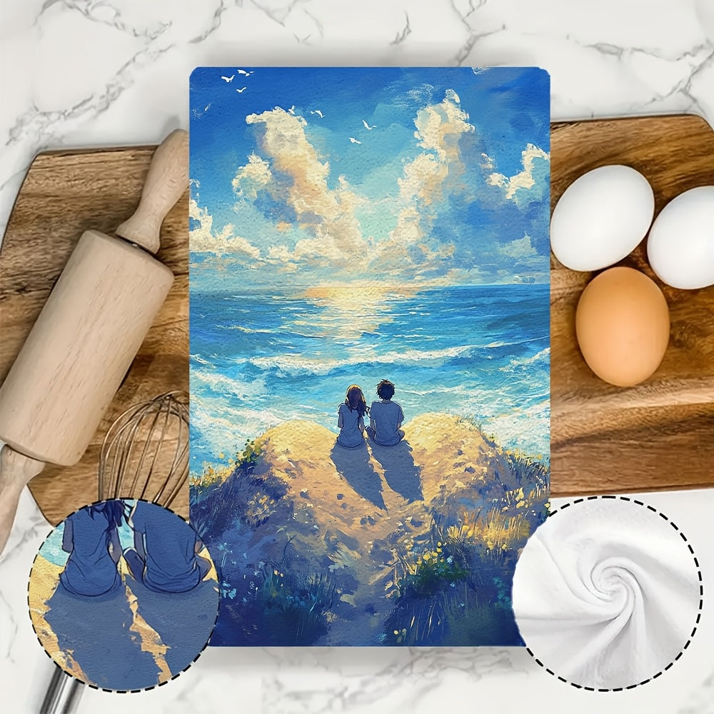 Set of 2 Ultra-Soft Absorbent Kitchen Towels Anime Couple Heart Sand Dune 40x60 cm