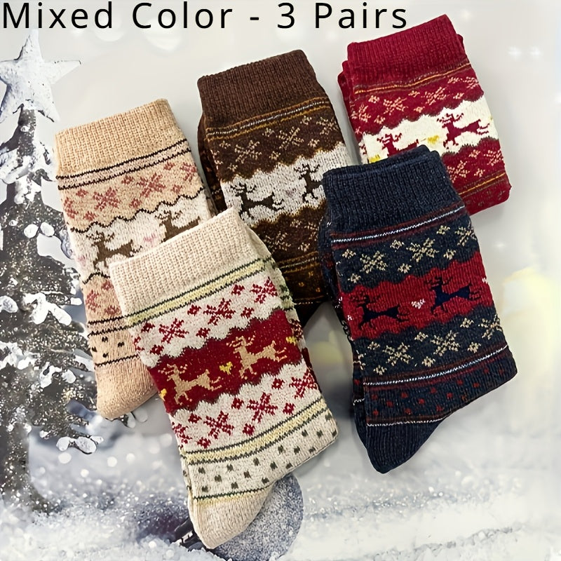 Women's Christmas Reindeer Snowflake Cozy Thick Socks Set of 3 in Mixed Colors