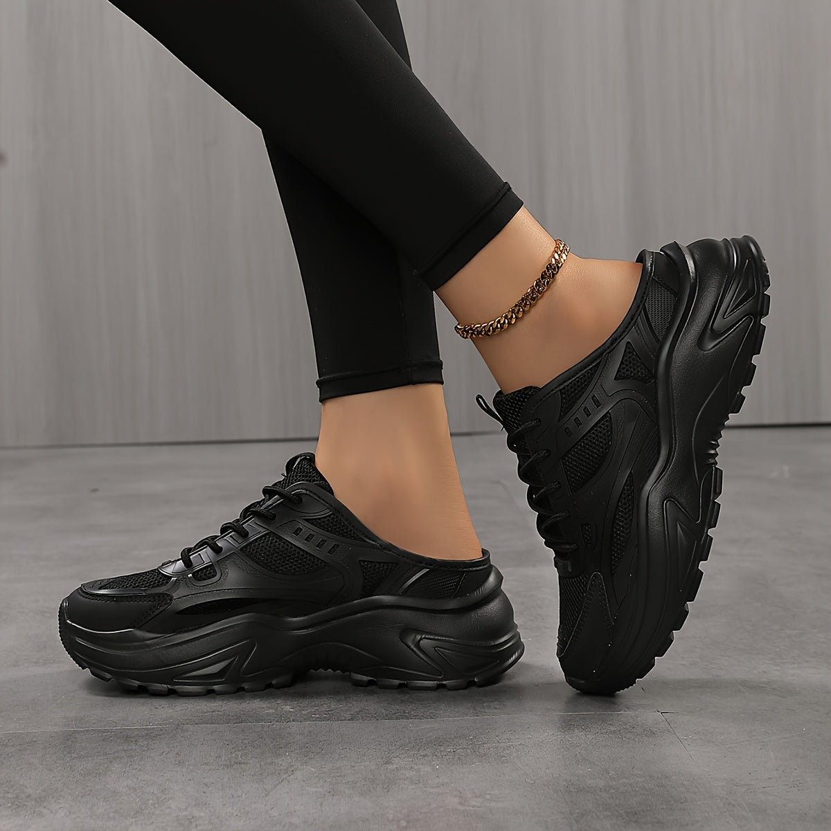 Women’s Chunky Sneakers Breathable Mesh PVC Low Top Lace-Up Shoes