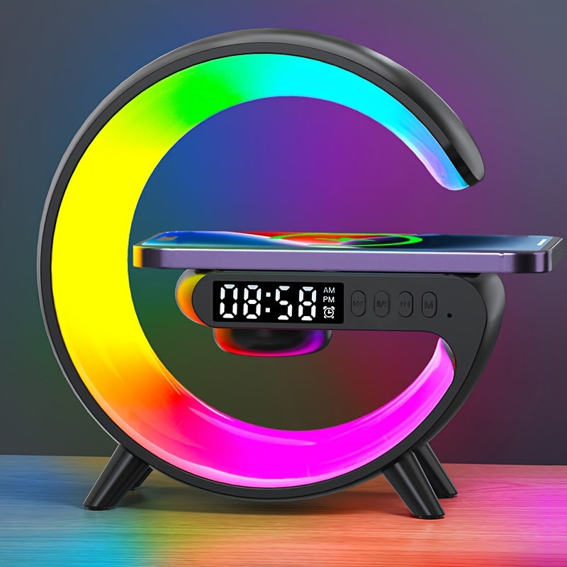 Wireless Charger Stand with RGB Lights Alarm Clock and Speaker for Bedroom and Living Room Decor