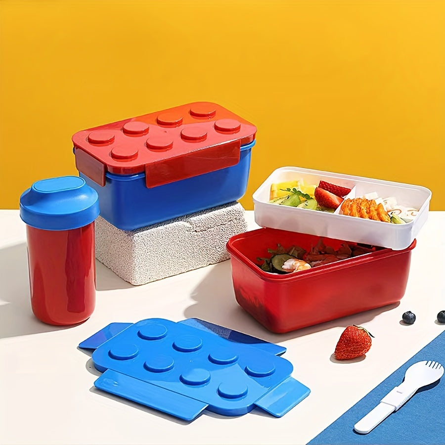 Qizil va ko‘k qurilish bloklari tushlik qutisi, idishlar bilan, suv o'tkazmaydigan, mikroto‘lqinli pechga mos, 3 bo‘limli Bento