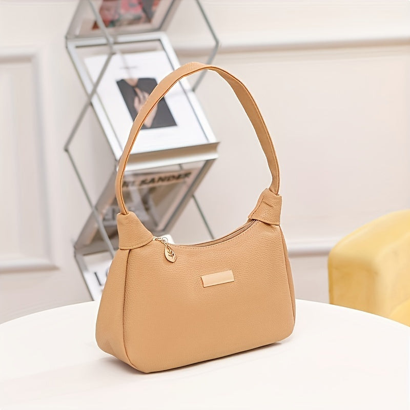 Women's Beige PU Shoulder Bag with Zipper Closure for Daily Use