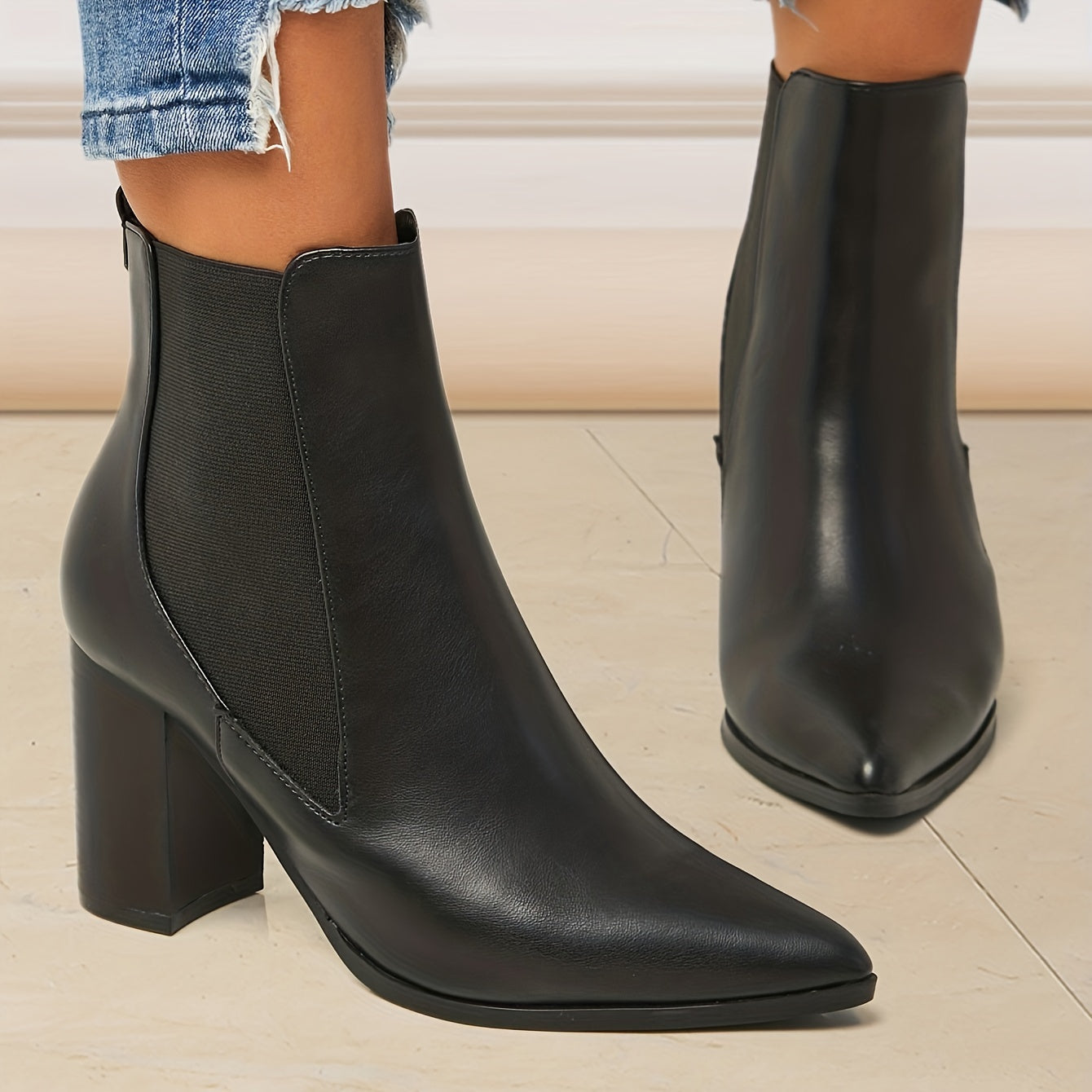 Women's Autumn Winter Short Western Boots with Thick Heels and Pointed Toe