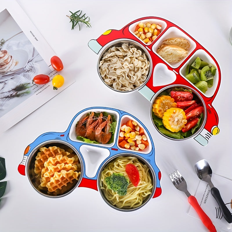 Набор из 4-х разделенных тарелок с крышками, изготовленных из нержавеющей стали 304. Имеет дизайн с мультяшной машинкой и противоударные свойства, подходит для детей.