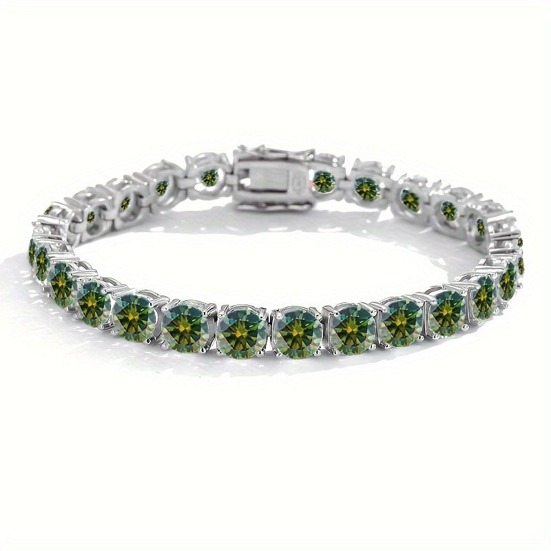 Sterling Silver Hip Hop Tennis Wristband with Green Moissanite for Men Women Jewelry