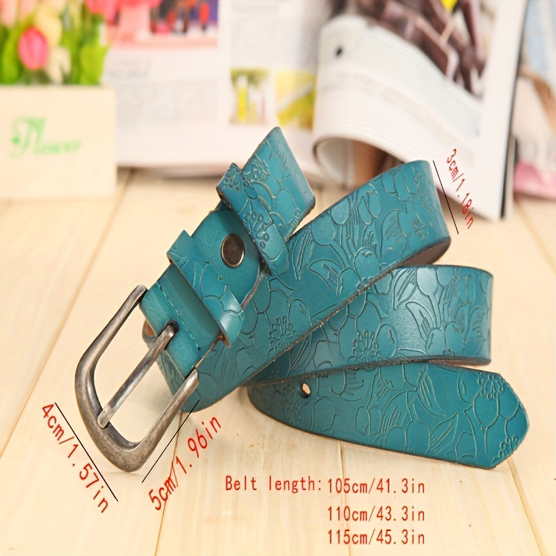 Women's Leather Flower Embossed Belt with Vintage Pin Buckle for Casual Jeans