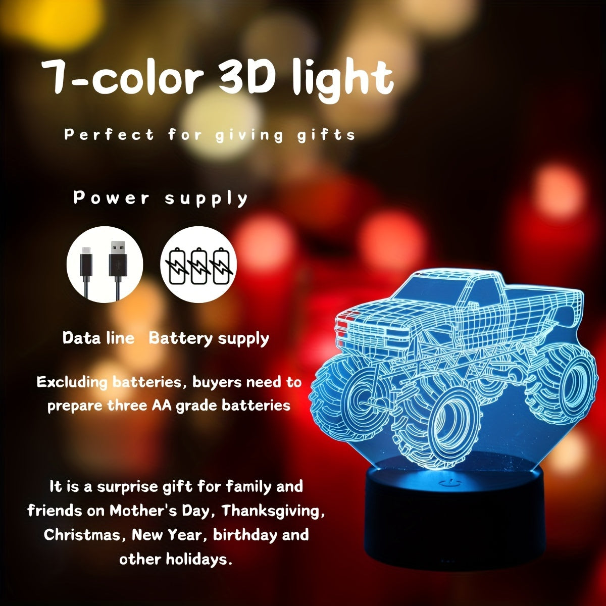 Modern Monster Truck 3D Illusion Table Lamp Touch Control USB Desk Night Light