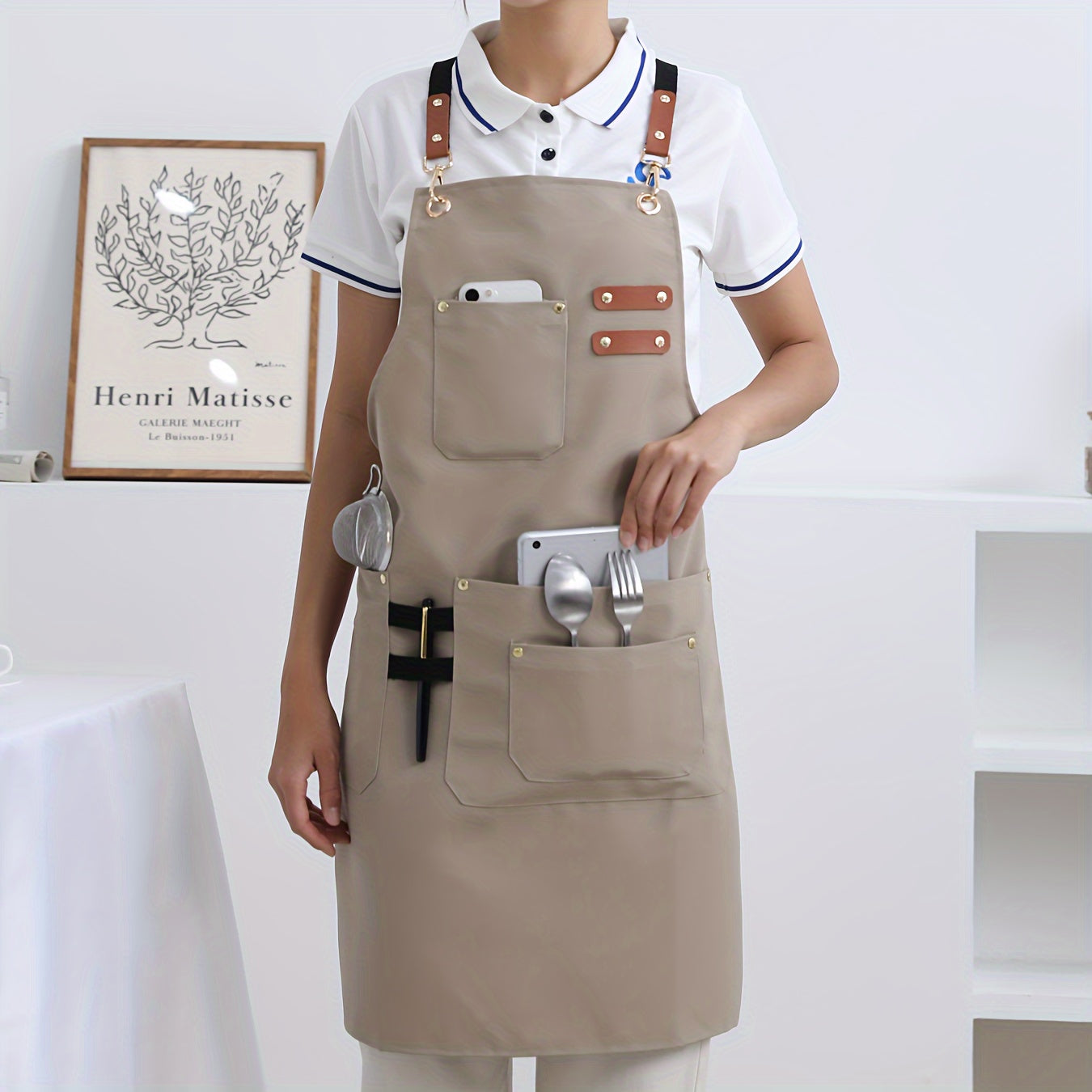 High-End Canvas Apron with Four Pockets for Kitchen Restaurant Cooking and Baking