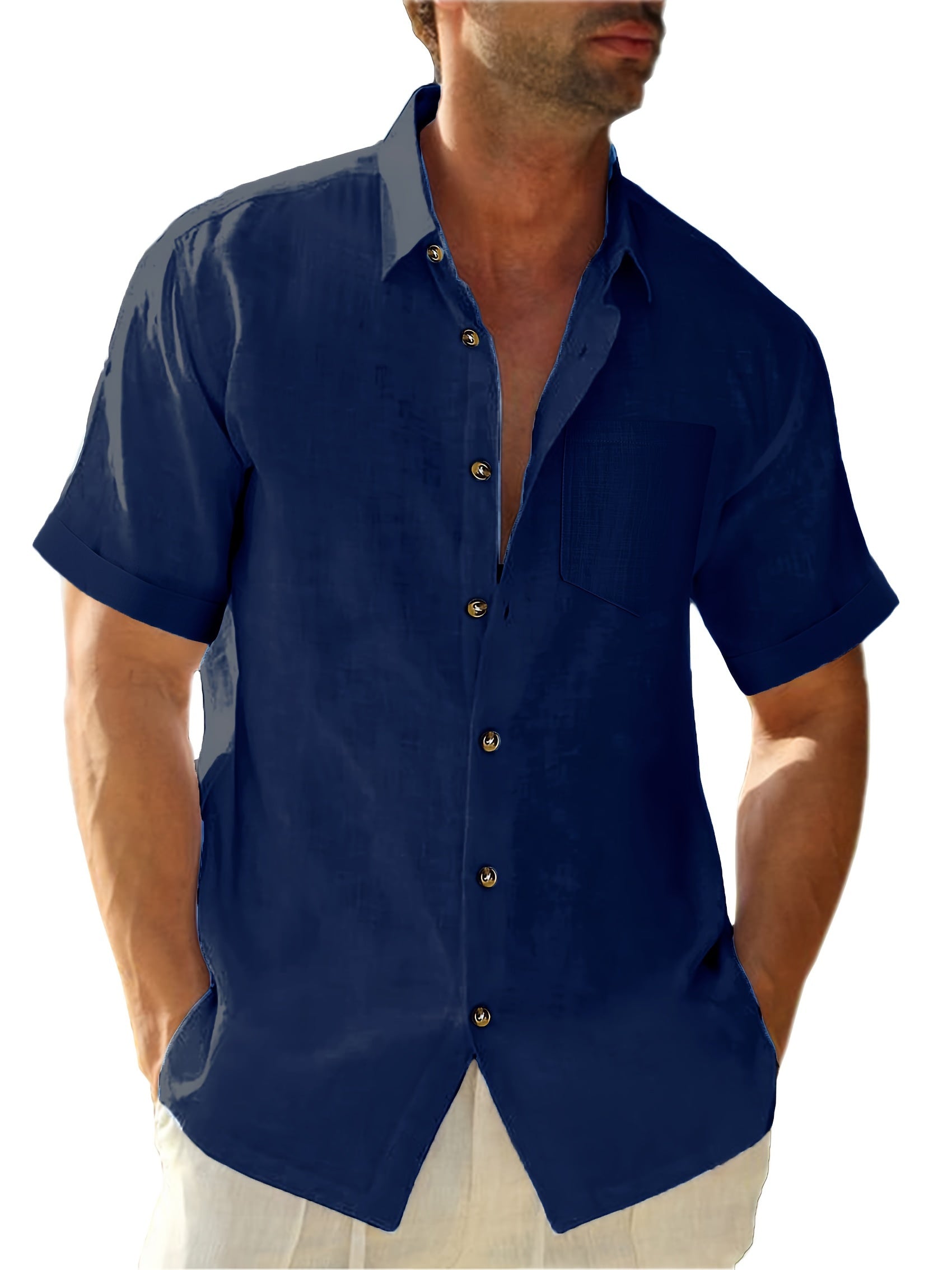 Plus Size Men's Cotton Short Sleeve Solid Casual Shirt for Summer