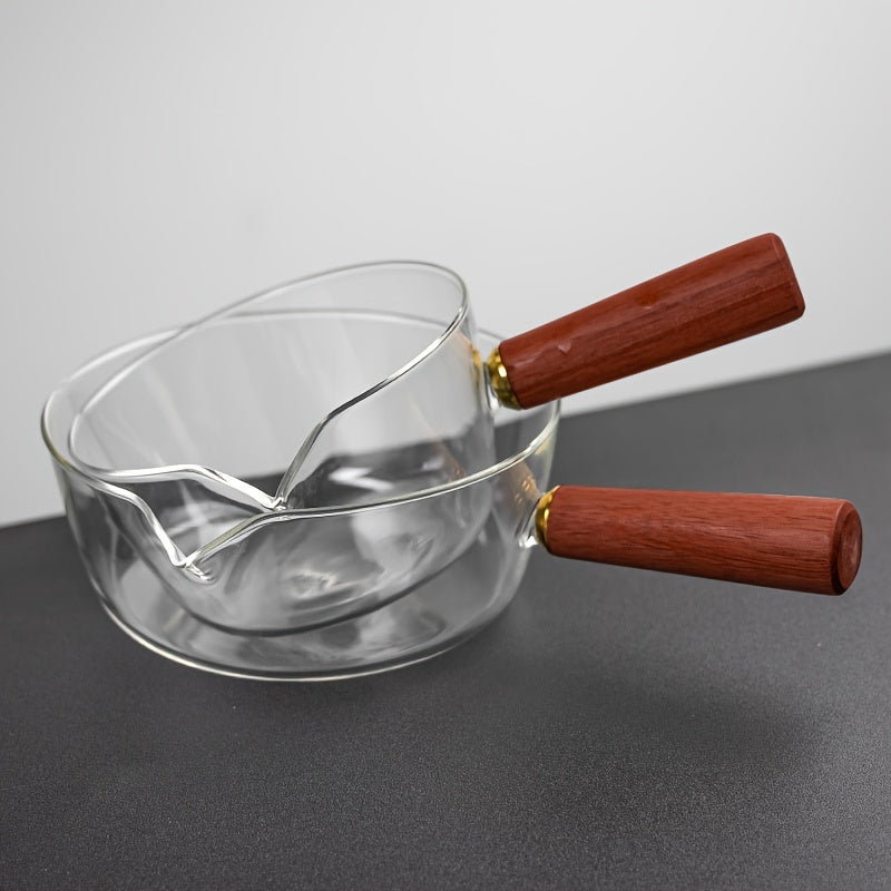 Borosilicate Glass Saucepan 690ml with Wooden Handle V-Shaped Spout Gas Stove Compatible