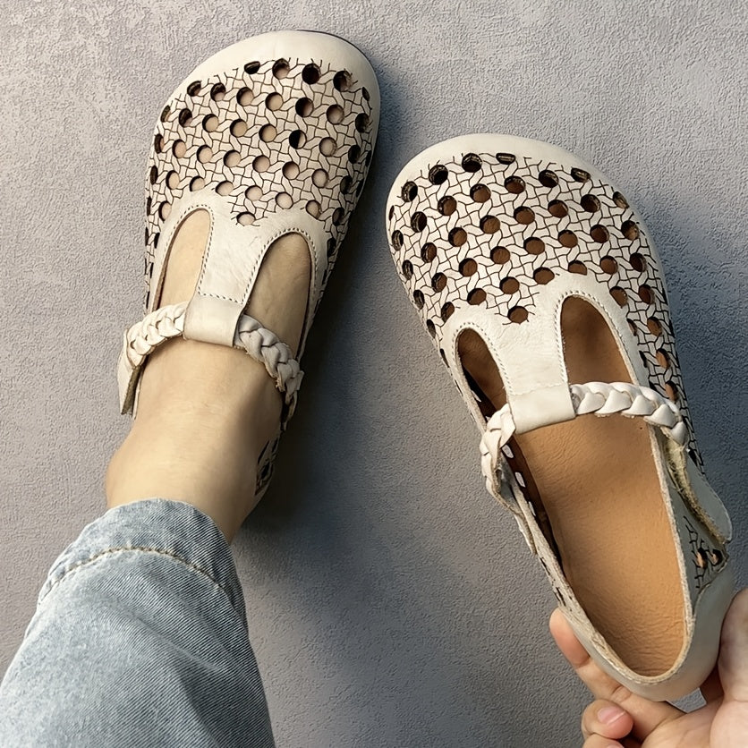 Women's Genuine Leather Mary Jane Flats with Adjustable T-Strap Breathable Summer Shoes