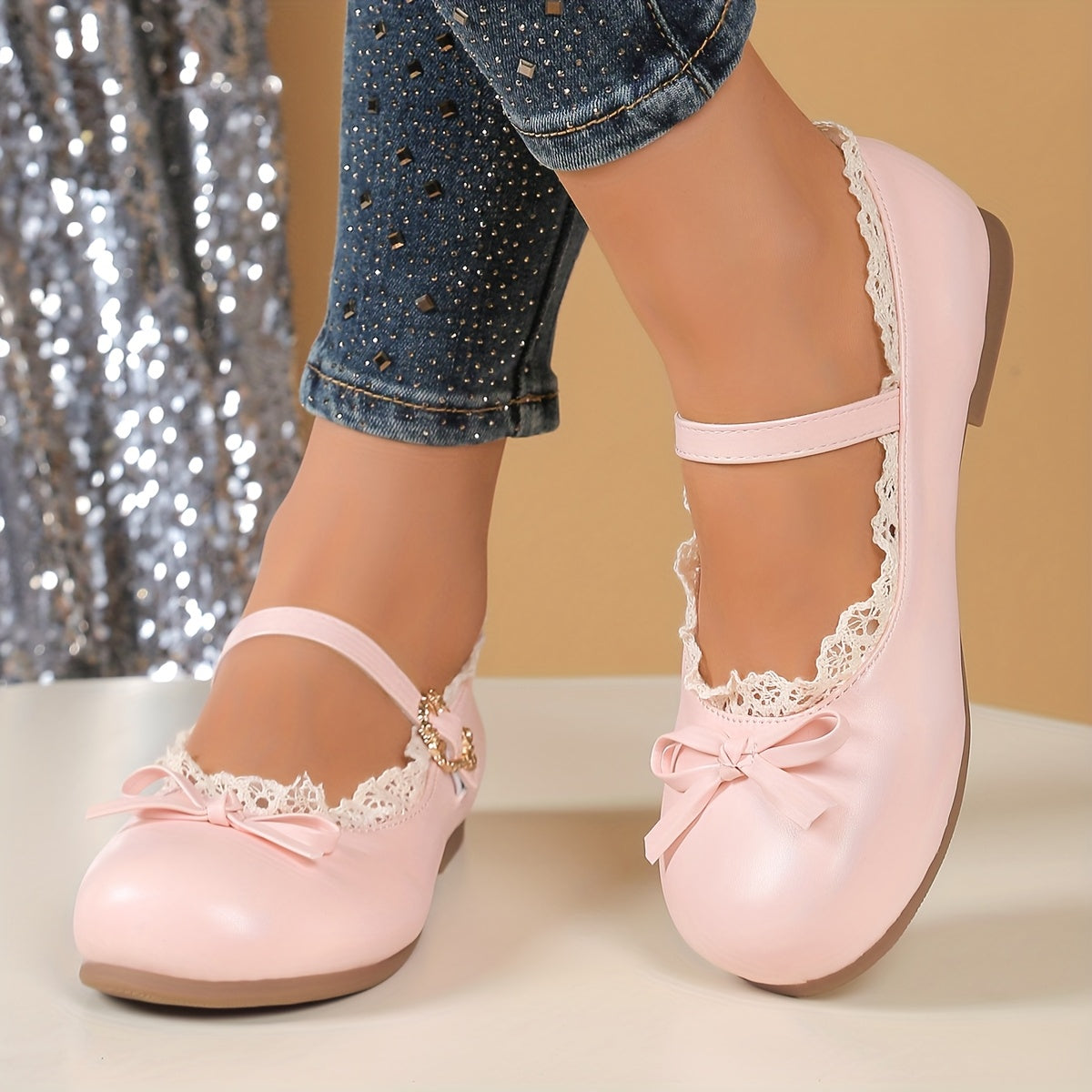 Women's Mary Jane Flats with Bow Detail Breathable Rubber Sole Pink White