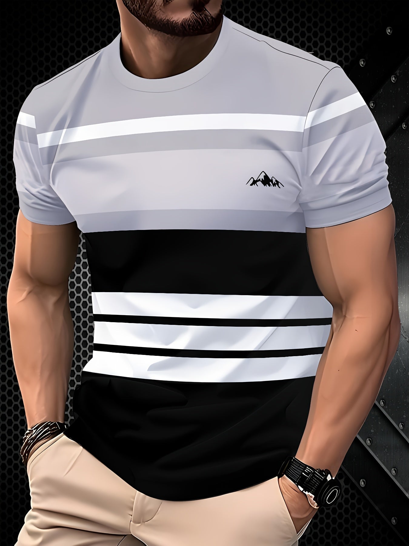 Men's Polyester Striped Crew Neck T-Shirt Regular Fit All-Season