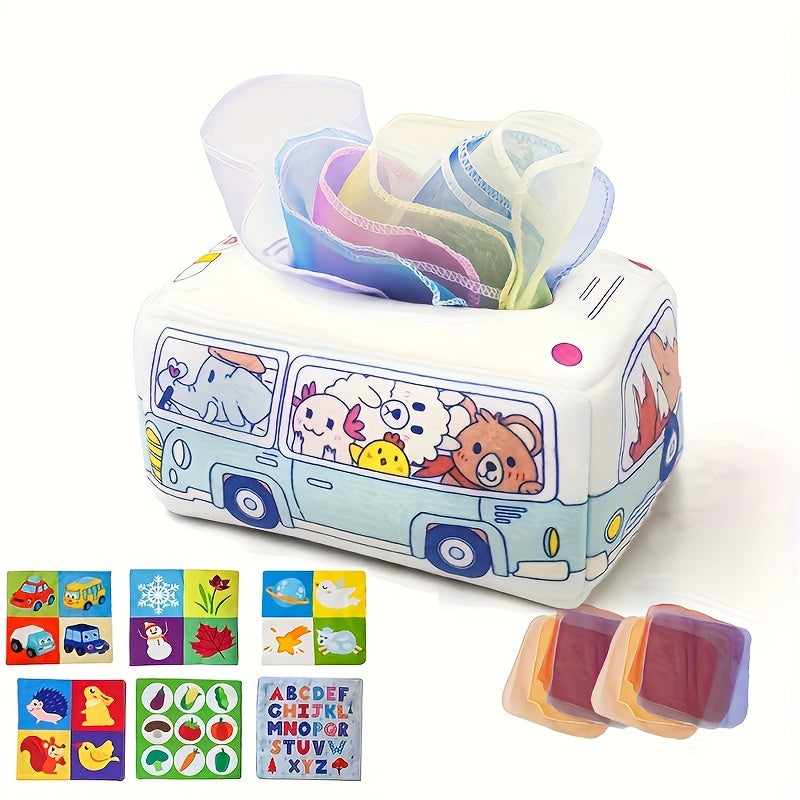Yumshoq mato bolalar uchun tissue qutisi o'yinchoq, sezgirlik o'yini uchun, krinkli ovozli, ko'p rangli transport vositasi, 0-3 yosh
