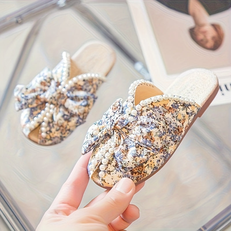 Girls Floral Fabric Indoor Shoes with Pearl Decor Non-Slip Sole