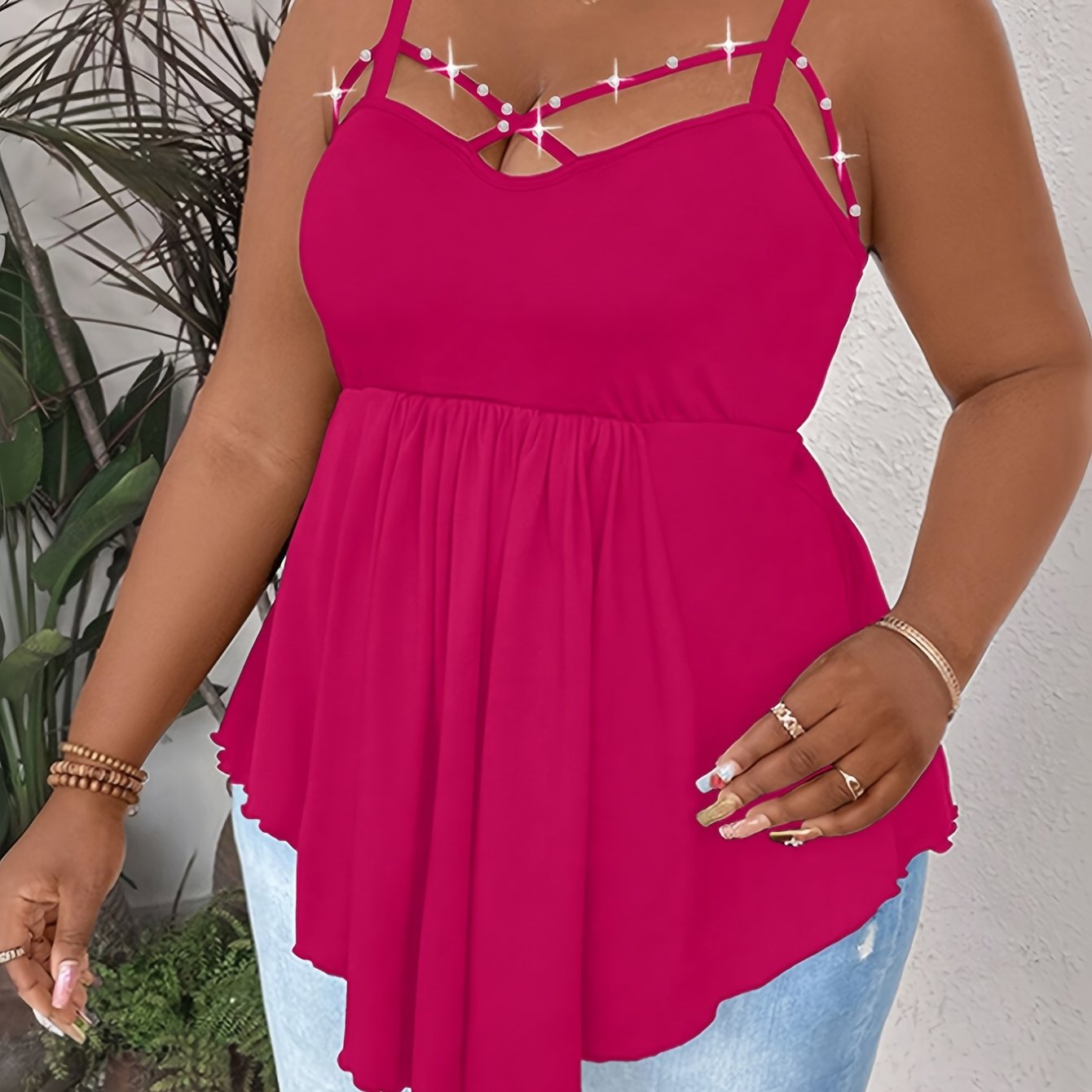 Women's Plus Size V-Neck Cami Top Sleeveless Asymmetrical Pearl