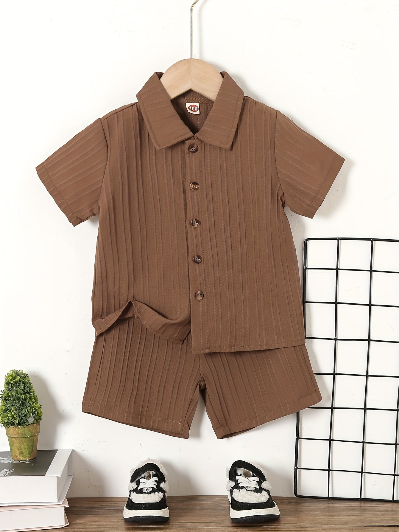 Kids Boy's Short Sleeve Solid Color Button Front Shirt and Shorts Set