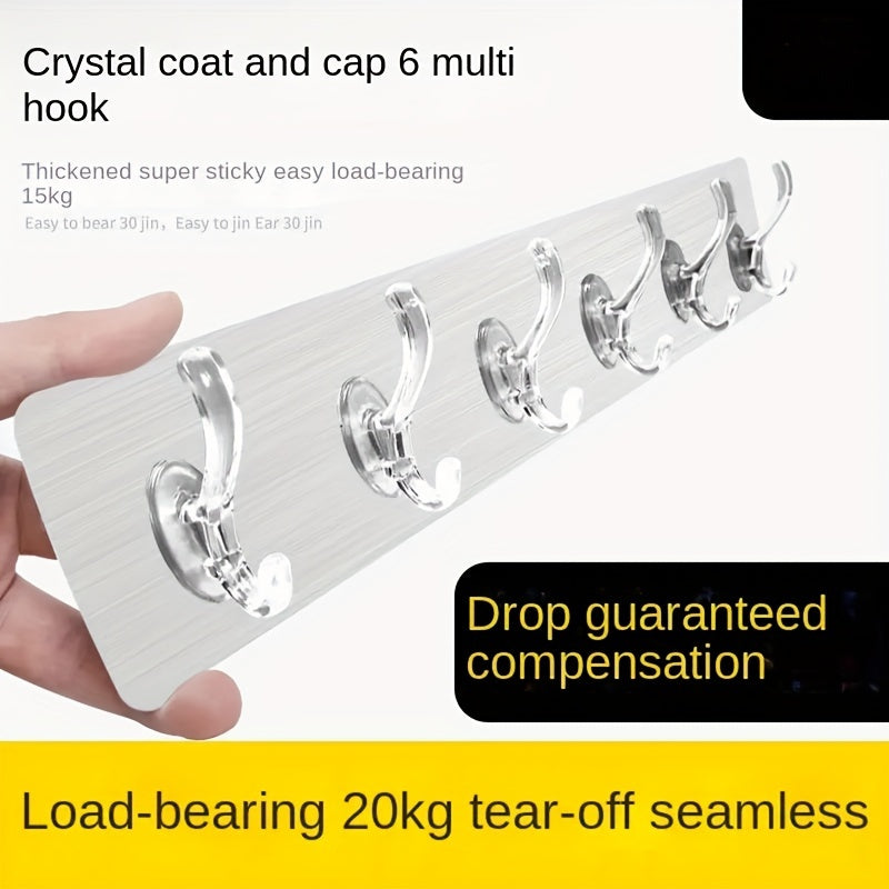 Transparent Wall Mounted Coat Hooks 6-Row Waterproof Adhesive Utility Hooks for Bathroom Closet Door