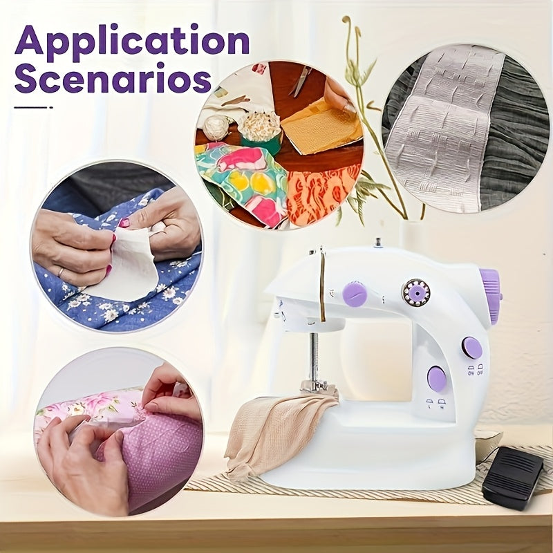 MOOYE Mini Elektr tikuv mashinasi oq rangda, binafsha aksentlar bilan, Evropa voltaji. Aksessuarlar va boshlovchilar uchun hunarmandchilik asboblari bilan birga. Uyda foydalanish uchun mukammal.