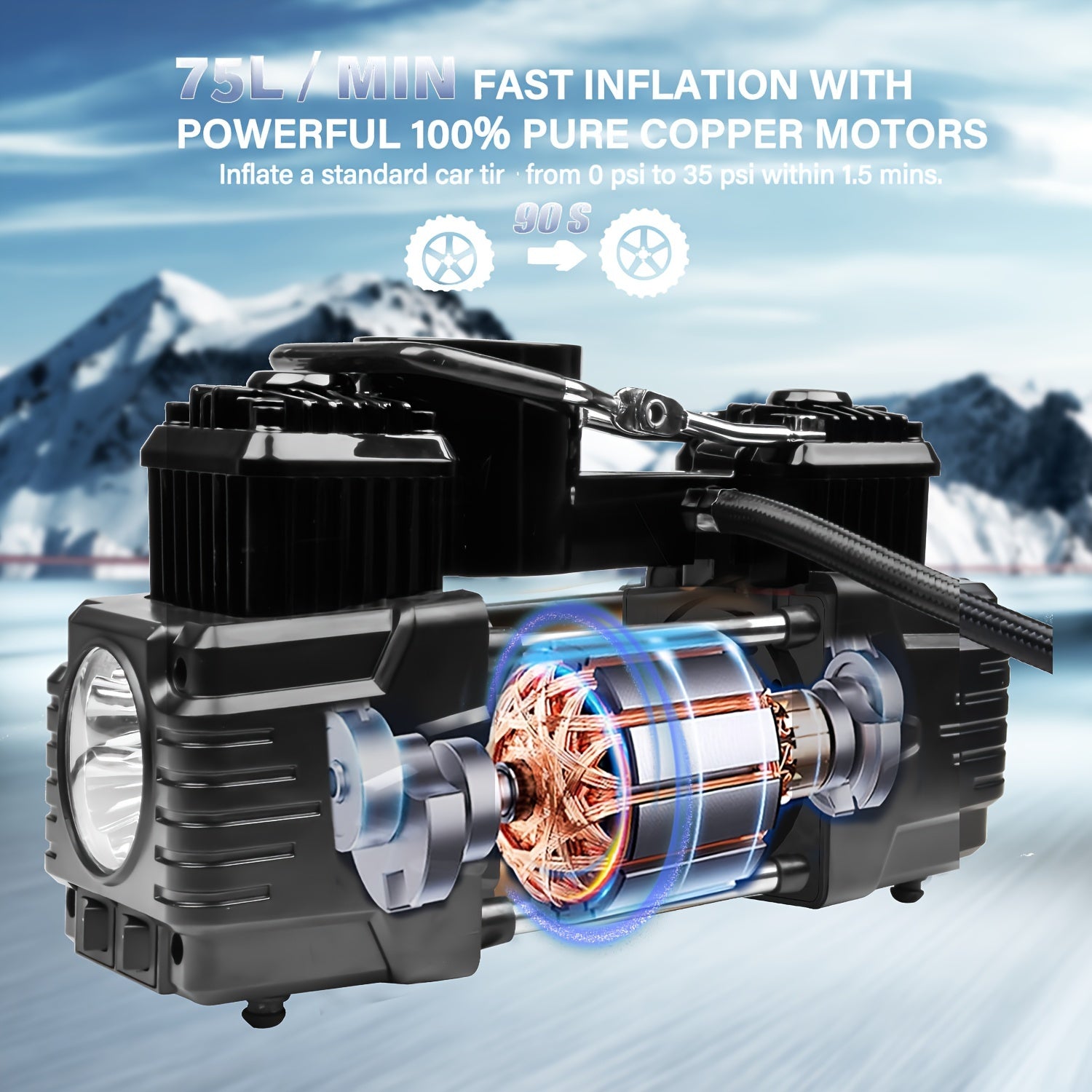 MESHUBA Portativ Ikki Silindrli Havo Kompressori: 12V Shina Inflatori, O'lchov va Favqulodda Yorug'lik bilan, Avtomobillar va Velosipedlar uchun.
