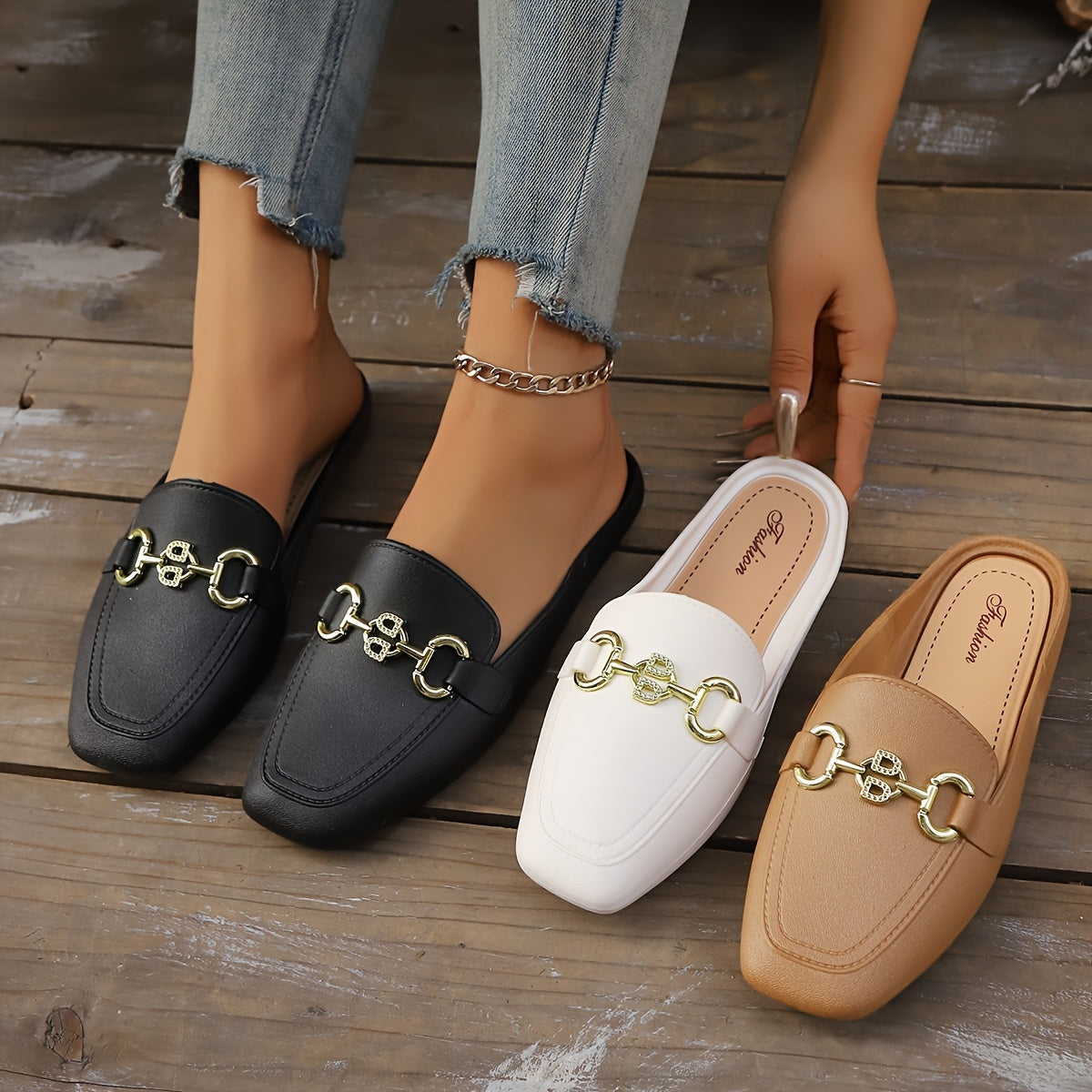 Women's Summer Loafers Black White PU Casual Flats with Golden Chain