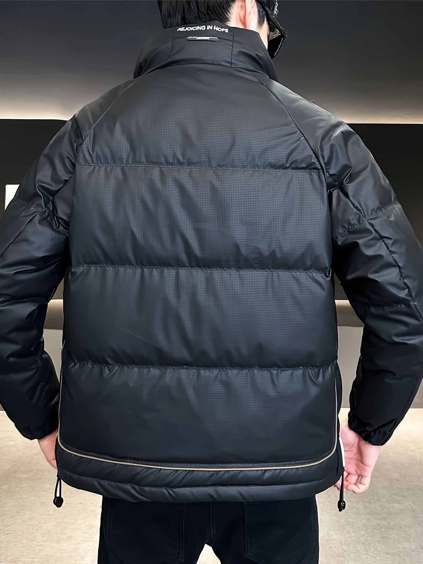 Men's Winter Jacket Black and Brown Stand Collar Zipper Pockets Polyester Filling