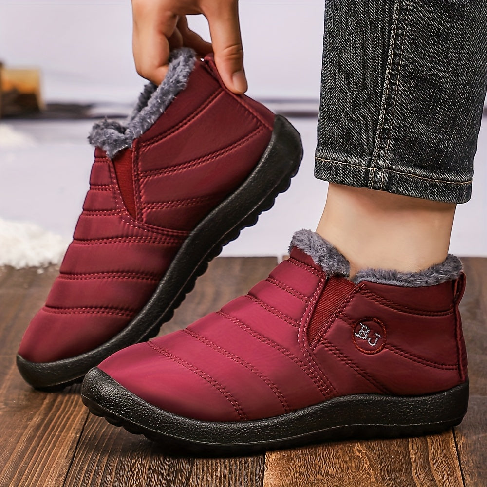 Women's Slip-On Ankle Boots Black Soft Fabric Plush Lining Comfortable Flat