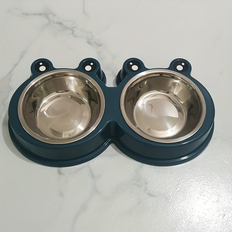 Stainless Steel Double Bowl for Small Dogs and Cats with Pet Frog Design