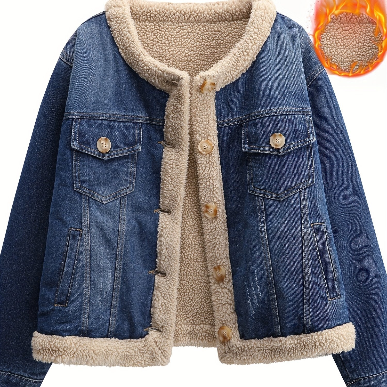 Plus Size Denim Jacket for Women Fleece-Lined Casual Coat with Pockets