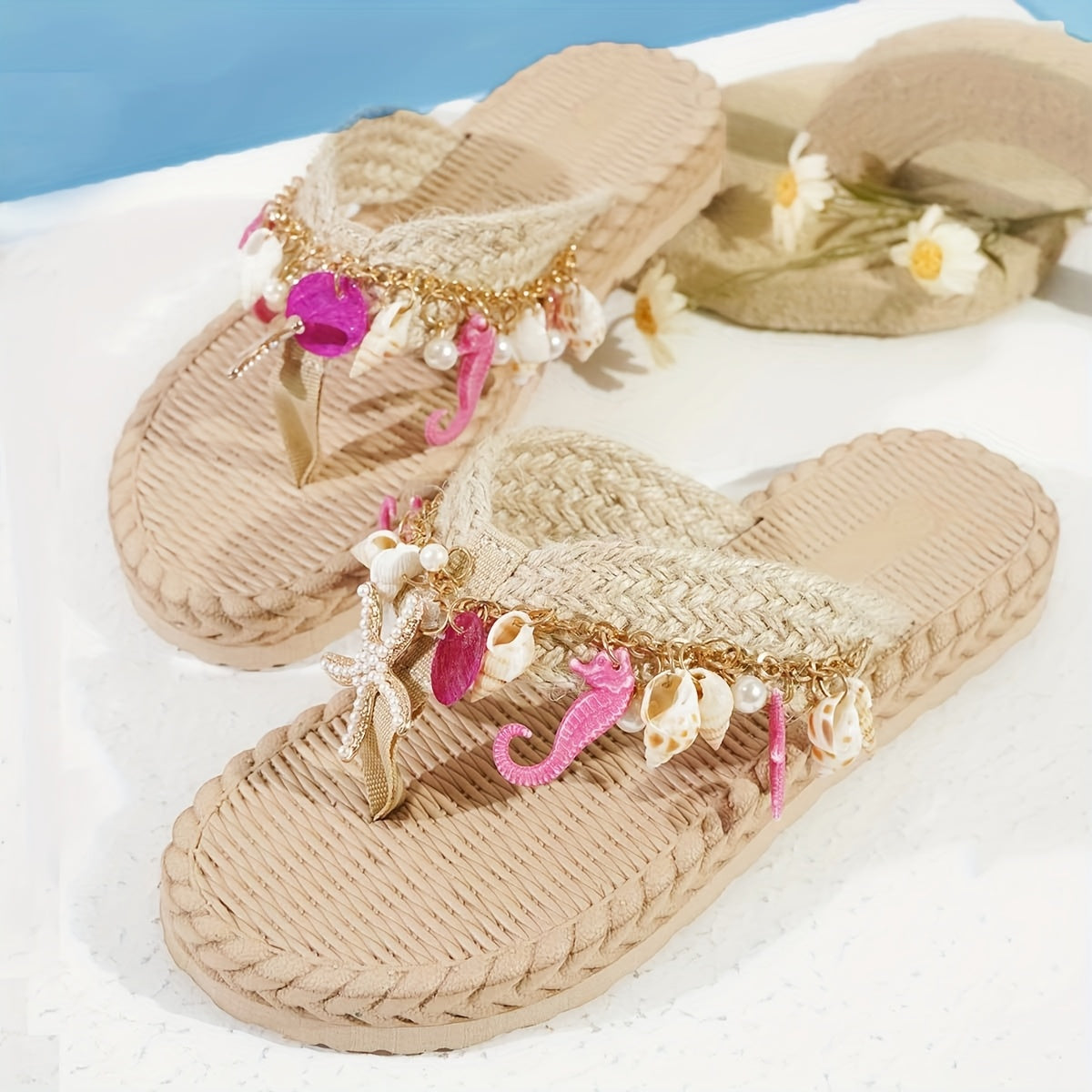 Women's Summer Flat Sandals Slip-On Open-Toe Beach Shoes with Bead Embellishments