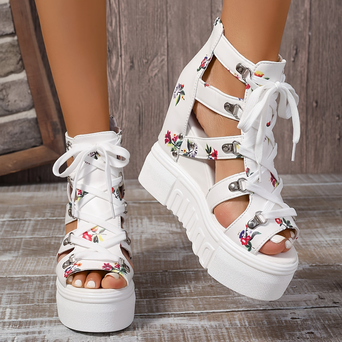 Women's Floral Vintage Sandals with Back Zipper and Platform Wedge Shoes for Summer Holidays